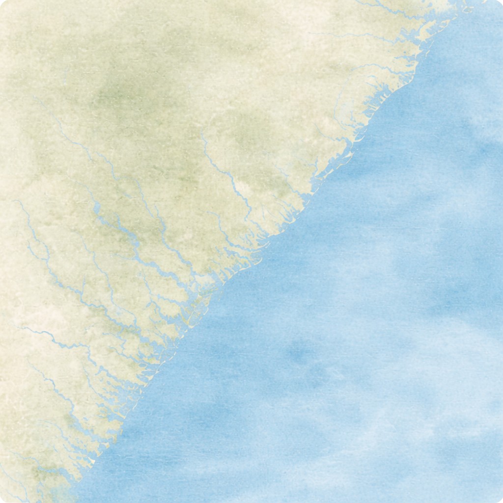 Watercolor-style map of the South Carolina coast showing the coastal service region. City names appear as selectable markers.